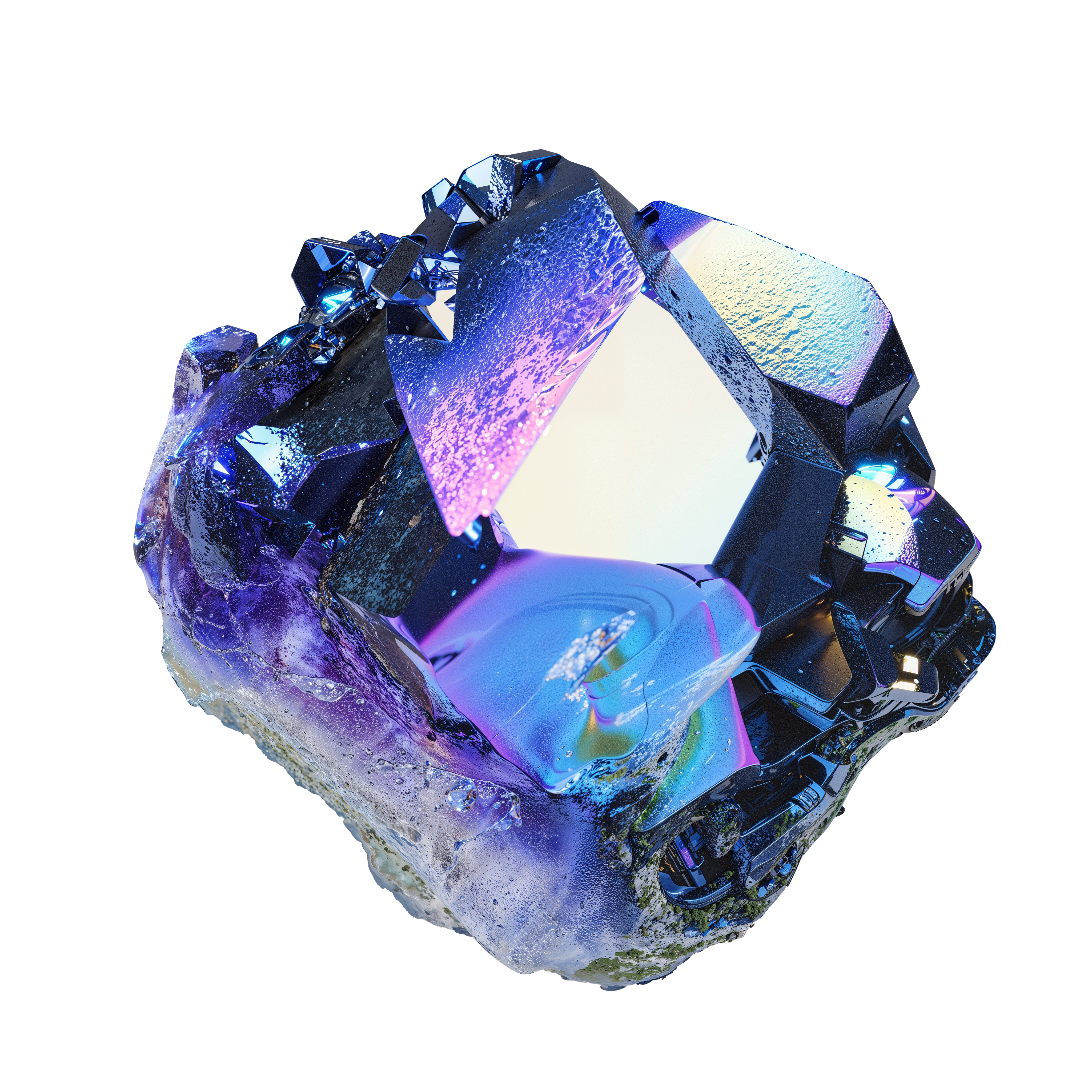 A clear, multifaceted crystal with a prism effect, displaying vivid colors like purple, blue, and rainbow hues. The crystal has sharp, angular edges and is set against a plain background, emphasizing its reflective and refractive qualities.